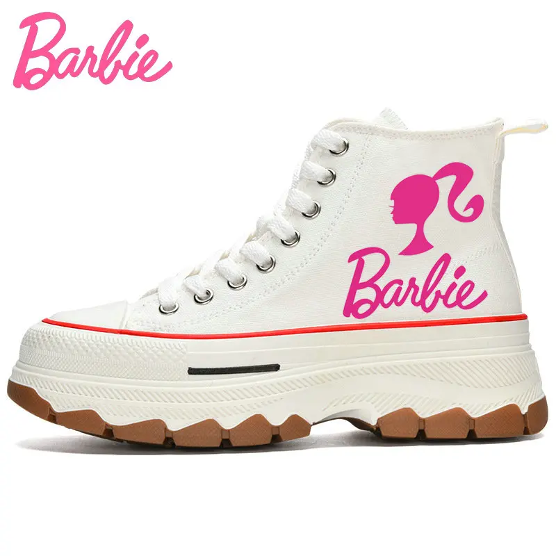 Woman Barbie Shoes Girls High Top Canvas teen  Casual Sneakers  White Shoes Cartoon Barbie Tennis elevator shoes Size 35-40