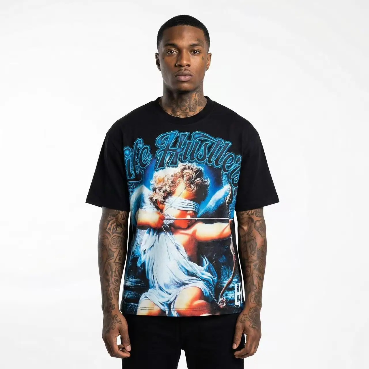 Life Hustlere Pure Cotton round Neck Short Sleeve T-Shirt Retro Print Blindfolded Angel Design Heat Transfer Diamond Studded
