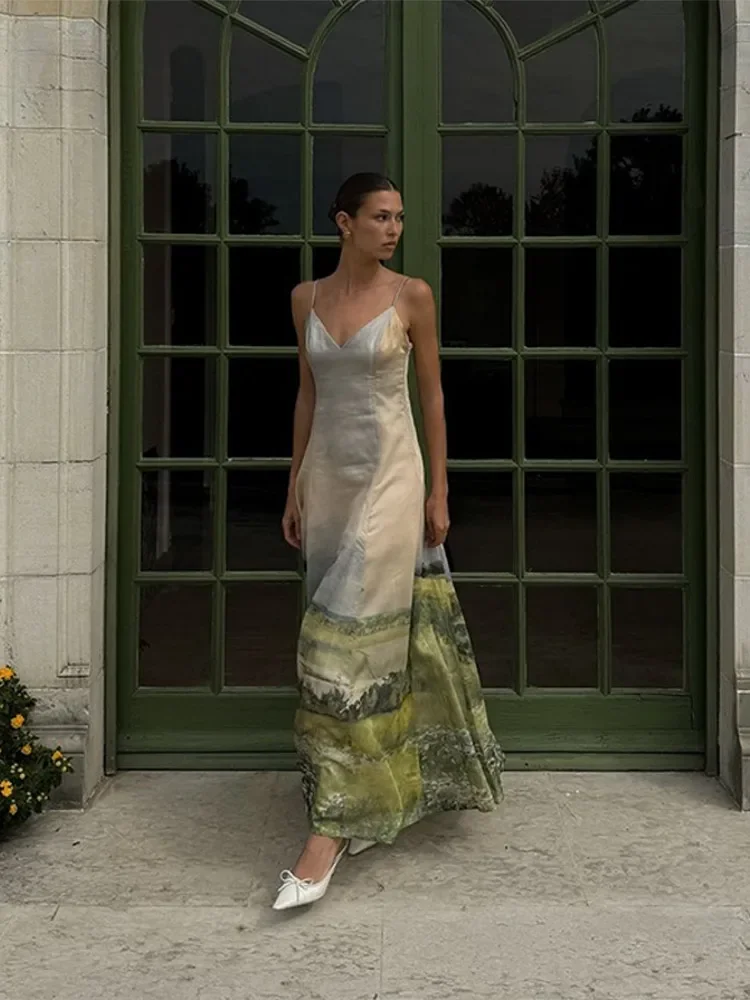 مطبوعة الرسن المرأة فستان الحبر غسل نمط الساتان الخامس الرقبة بيكيني الحمالات التخسيس الخصر Cinching الرجعية الشاطئ حزام فستان طويل