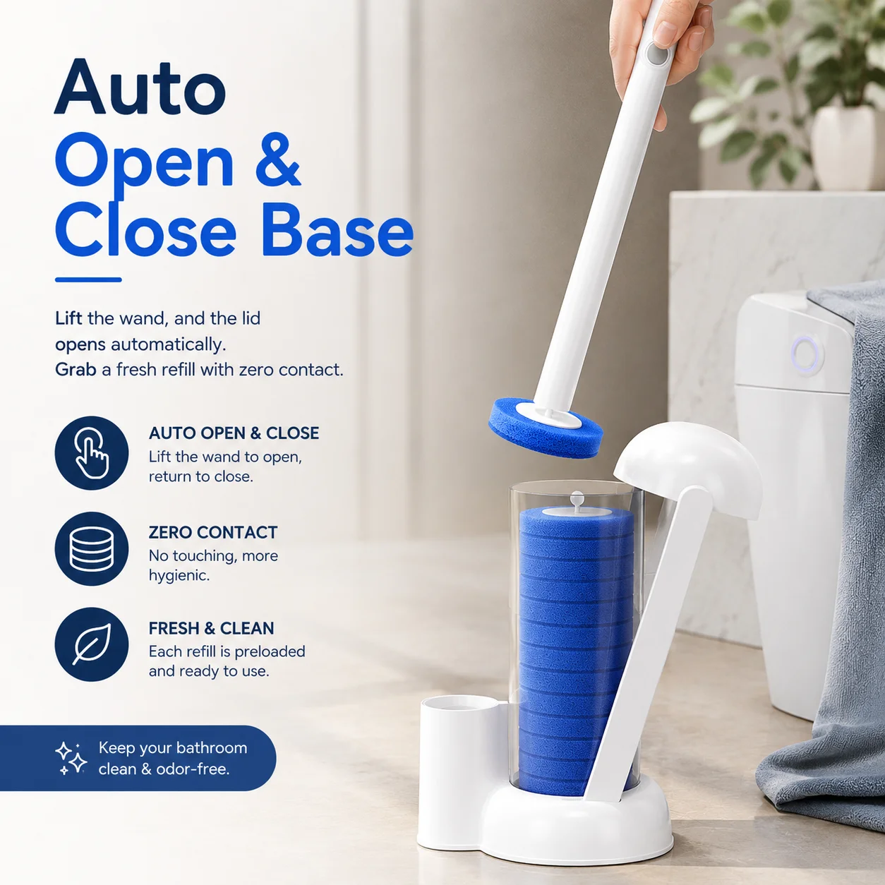 Joybos Touch-Free Toilet Cleaning Wand Set with Replaceable Pads, Wall-Mounted Hands-Free Bowl Brush, Efficient Bathroom Scrubber