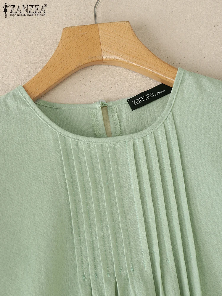 ZANZEA Blusas de lino y algodón de verano para Mujer, Blusas a la moda con babero plisado y cuello redondo, Blusas de manga corta abombada para Mujer, camisa de Color sólido para todos los días