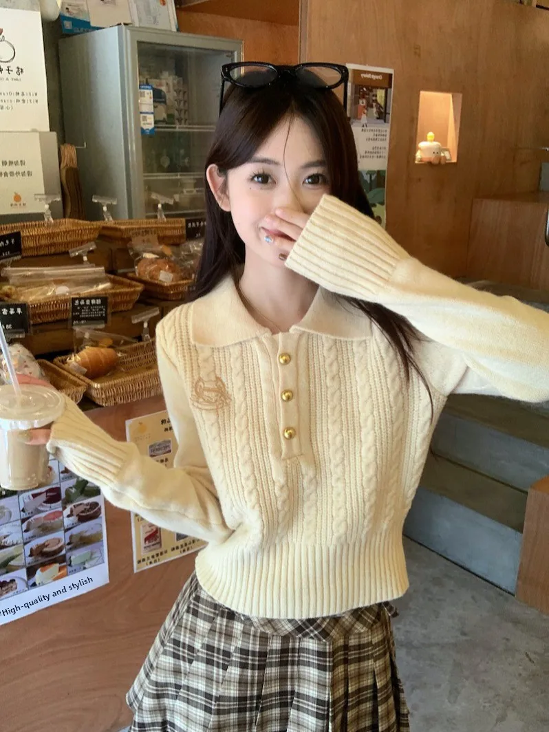 

Women's Short Collar Knitted Sweater Spring Autumn Embroidered Twist Casual Style Slim Fit Inner Wear Base Layer Top