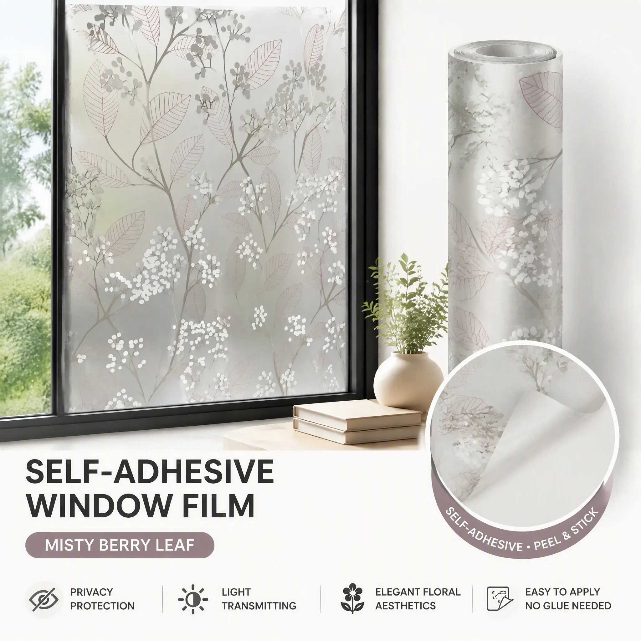 Pink White Wild Berry Floral Leaf Self Adhesive Window Privacy Film Matte Frosted Glass Sticker Anti UV Light Filter for Home De