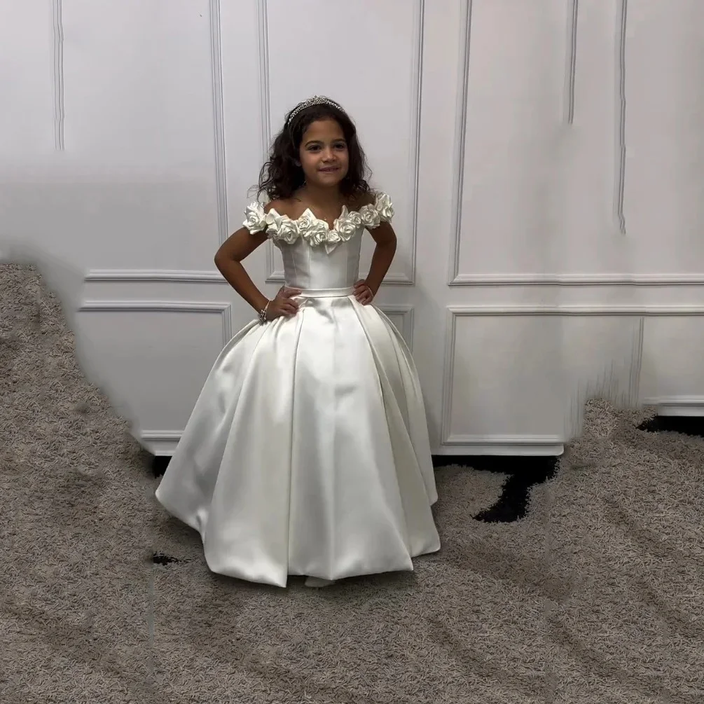 

Белые платья с цветочным узором для девочек на свадьбу, атласные 3D цветочные платья длиной до пола, платья для маленьких девочек на день рождения, платья для первого причастия по индивидуальному заказу