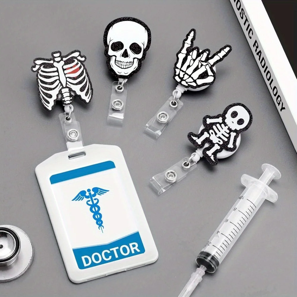 4/8 قطعة بكرات شارة الأشعة السينية. هيكل عظمي أكريليك ومشابك معرف الجمجمة لتقنيات الراداد والممرضات والأطباء. هدية الهالوين/عيد الميلاد.