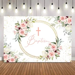 Baptism Baby Shower Backdrop for Girls God Bless Photo Background Pink Flowers Gold Glitter Shining Dots Photocall Backdrops