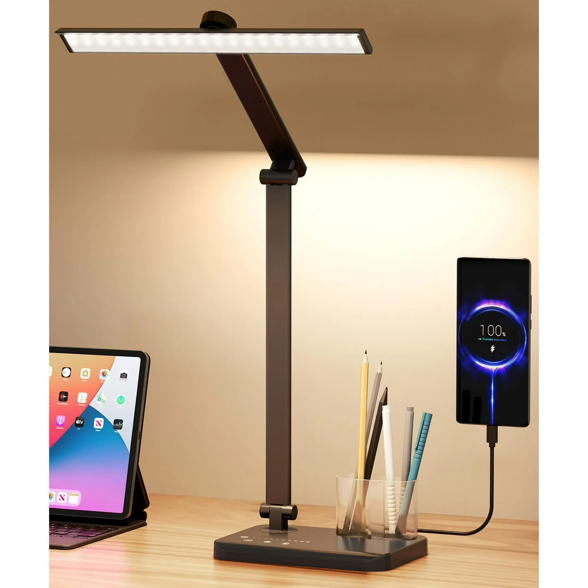 LED Desk Lamp with USB Charging Port, Eye-Caring/Foldable, Touch Control Dimmable 5 Color Modes, 45 Min Auto-Off Timer