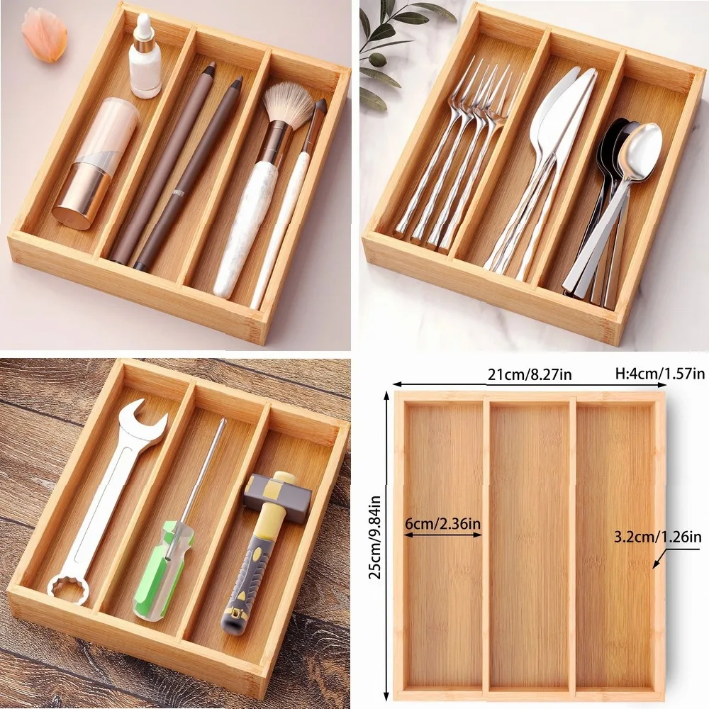 

Bamboo 3-Compartment Drawer Storage Box for Kitchen Utensils, Silverware Organizer, Living Room Tools Holder