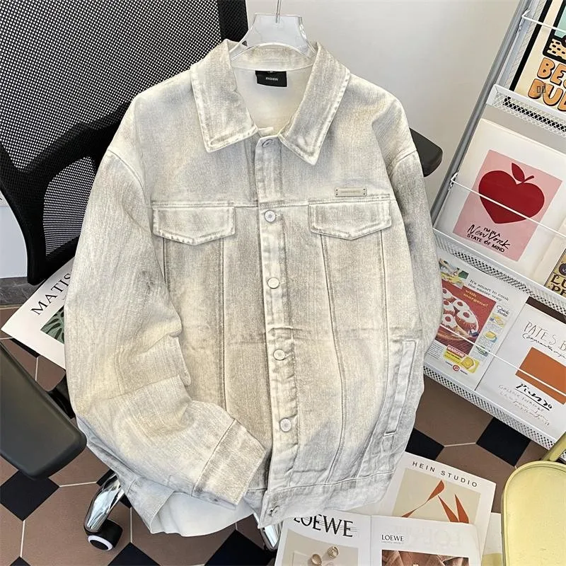 

Мужская винтажная джинсовая куртка American Waed: свободный крой, ретро-стиль, модная рабочая одежда, длинный рукав, отложной воротник