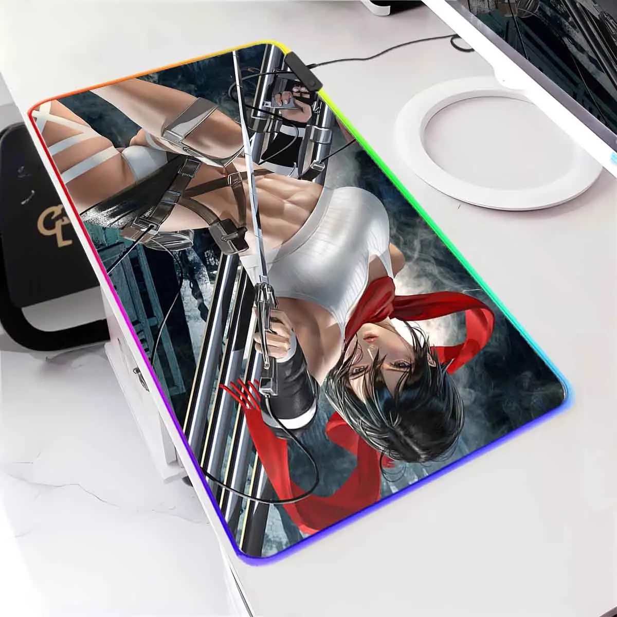 

Anime Fans RGB Mouse Pad Attack on Titan Mouse Mat LED Large Mouse Pad Mikasa Ackerman Non-Slip Keyboard Mat Gamer Accessories