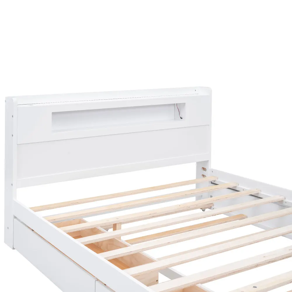 Queen Size Wood Storage Platform Bed with LED, 2 Drawers and 1 Twin Size Trundle, Box Spring Not Required, Bed Frame for Bedroom