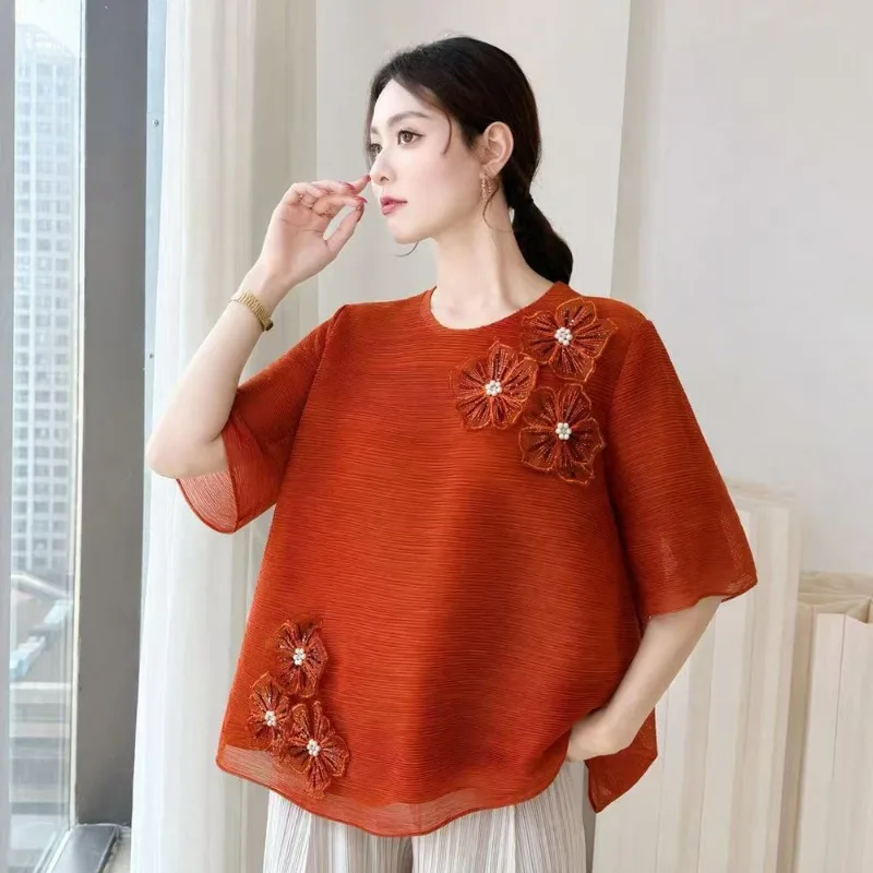 Miyake Pleated Fashion Retro 2026 New Round Neck Three-Quarter Sleeve Flower Stud Pleated Casual Top Women's Loose T-Shirt Pleat