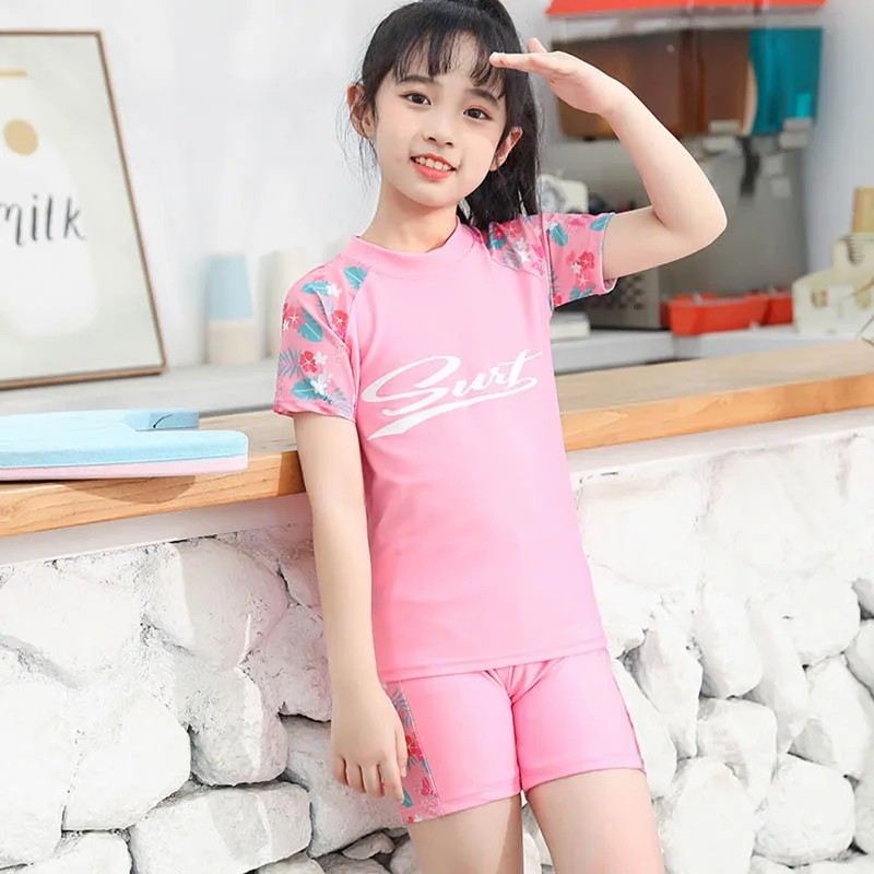 Girl Swimwear Girls Swimwear 3Pcs Swim Suit ( T Shirt+ Trunk+Cap) Short Sleeve Sunscreen Quick Dry Girl Set