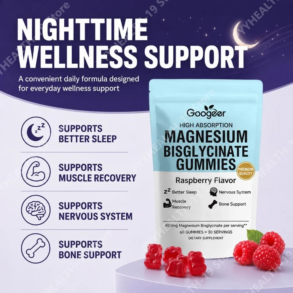 Magnesium Bisglycinate Gummies 400mg, with Vitamin D3 & Zinc, 60 Count, Supports Better Sleep, Muscle Recovery & Nervous System