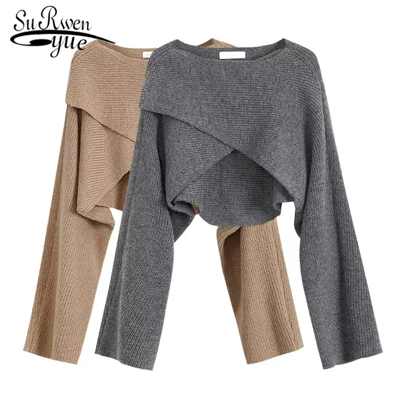 Short Women's Pullovers Sweaters Autumn Winter 2023 Streetwear Knitted Sweater Long Sleeve Cross Irregular Solid Y2K Tops 22933