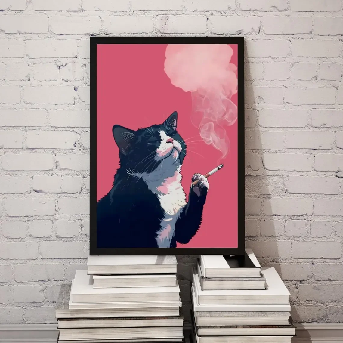 Schwarze Katze, rosa, rauchend, Gemälde – schwarze Katze, rosa Poster, druckbare Wandkunst, digitaler Download, Heimdekoration, Küchendekoration, sofort lieferbar