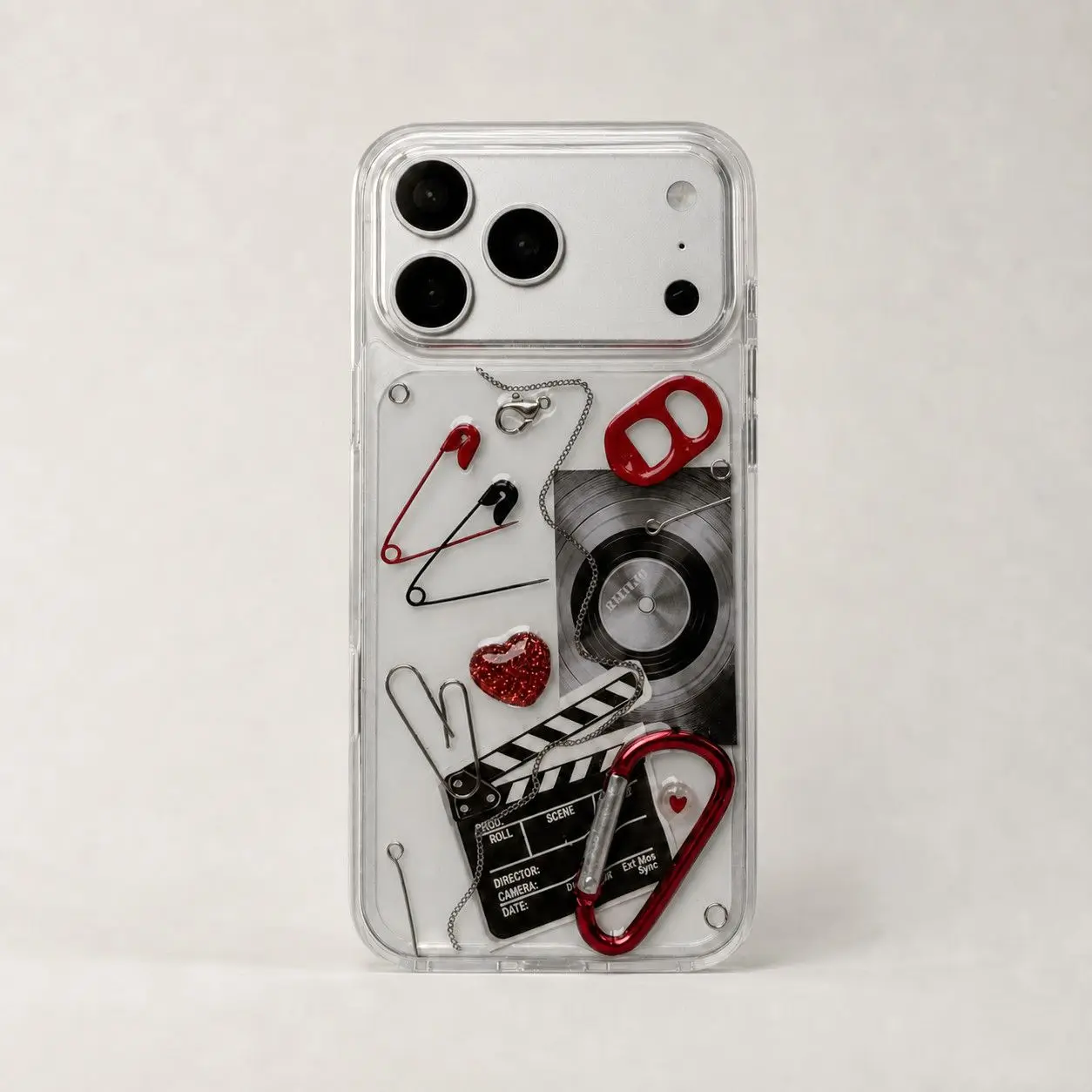 Coque de téléphone transparente vintage rouge-noir en résine époxy 3D faite à la main avec décorations métalliques pour iPhone 17 16 15 14, coque de protection