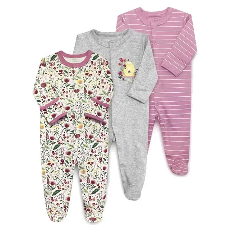 Barboteuse rayée à manches longues pour bébés garçons et filles, combinaison à pieds en coton doux, vêtements chauds pour nouveau-nés, vêtements à la mode, 3 pièces