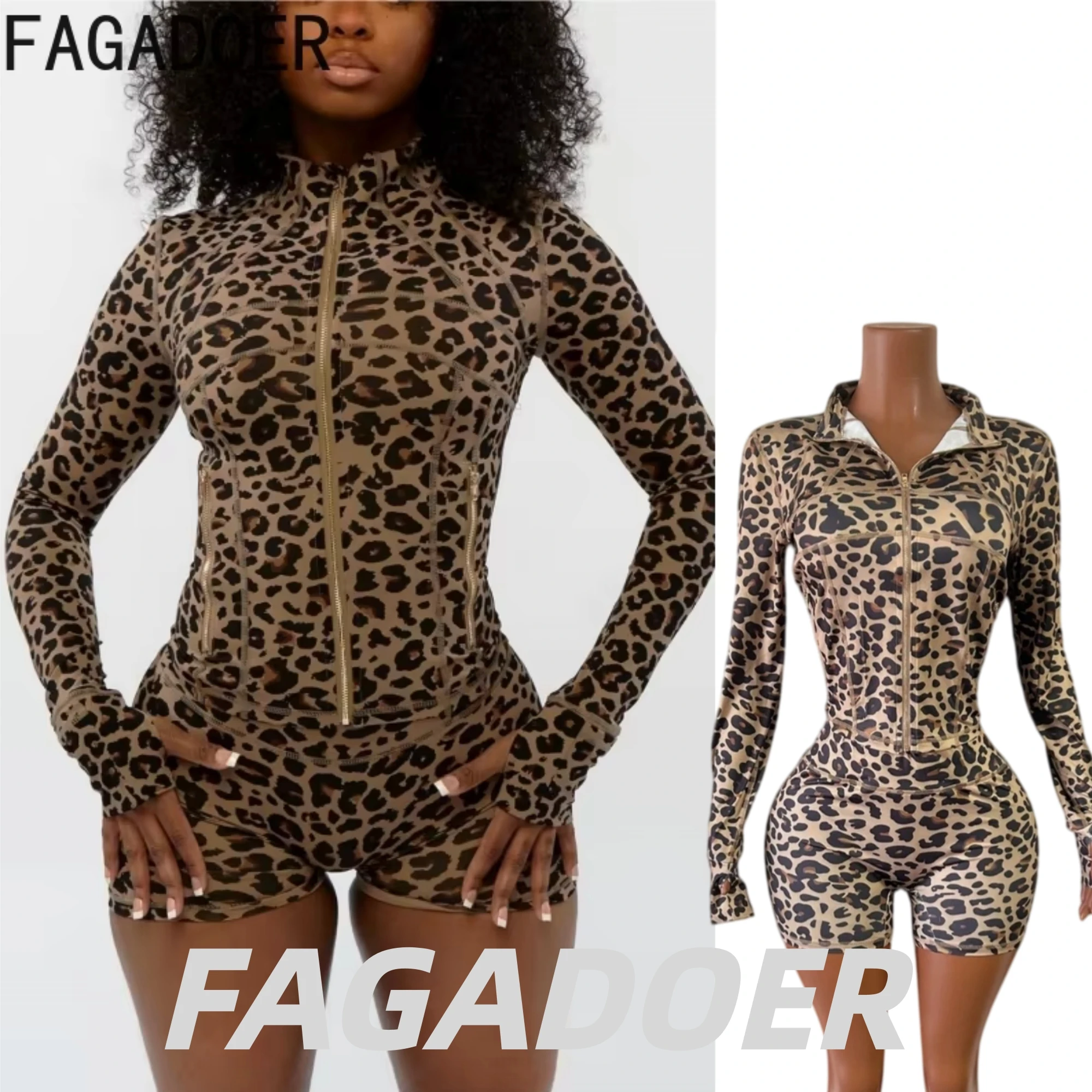 FAGADOER Sexy Leopard Print Two Piece Outfits Woman Long Sleeve Zipper Top Jacket and Shorts Matching Siut Female Streetwear New