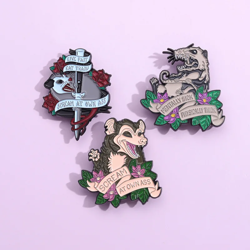 Scream At Own Ass Enamel Pins Opossum Bucktooth Live Fast Eat Trash Brooches Lapel Badges Funny Animal Jewelry Gifts Wholesale