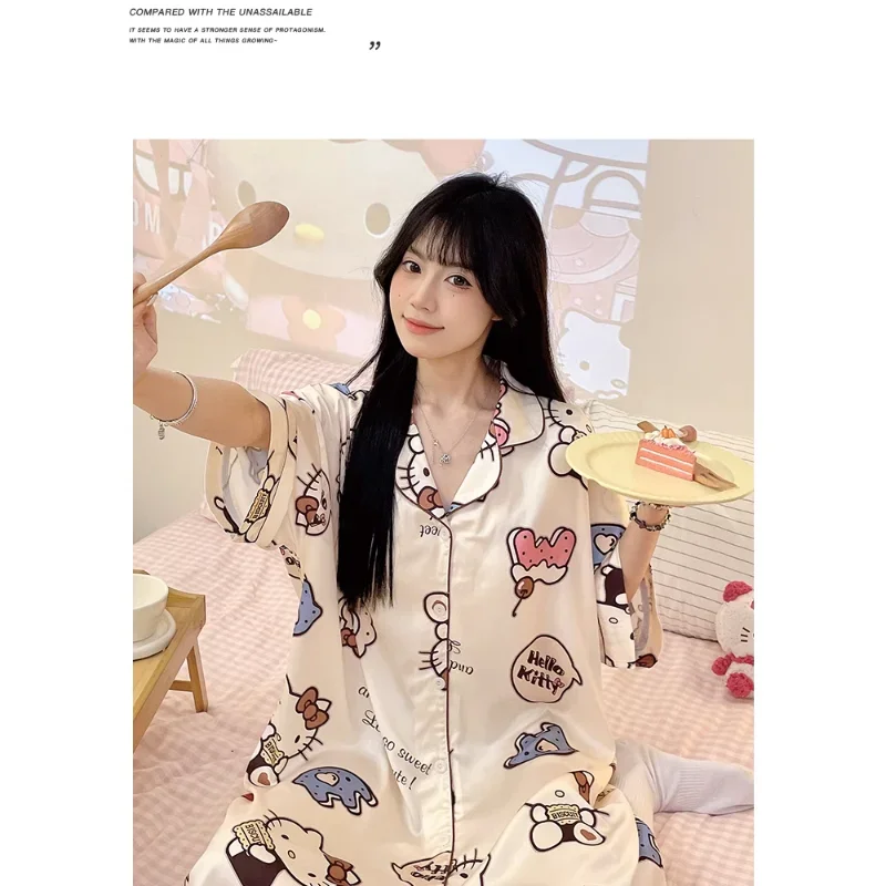 Sanrio New Hello Kitty pigiama di seta femminile simpatico cartone animato Casual confortevole traspirante nastro di ghiaccio petto Pad casa pigiama