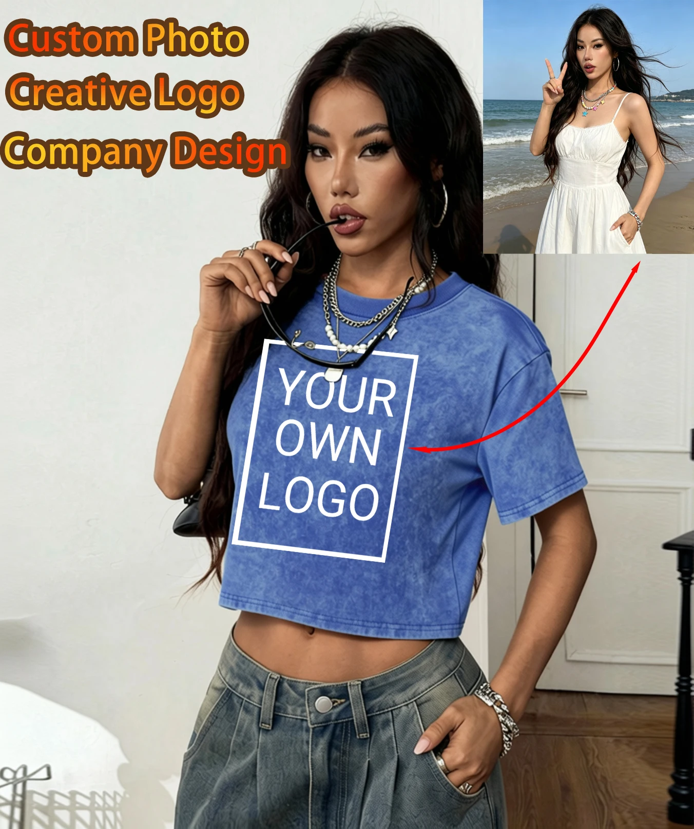 Personalisierte Damen T-Shirts mit Eigenem Bild oder Logo, Hip-Hop Casual T-Shirt, Sommer Baumwolle Streetwear Y2K Slim Fit Kleidung