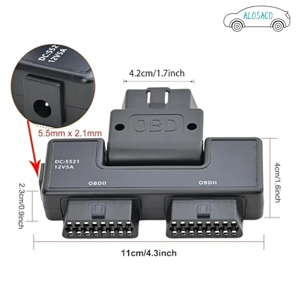 OBD2 OBDII Full 16 Pin Male To 2 Female Splitter Converter Adapter 1 To 3 With DC5521 Port Diagnostic Tool Extender OBD Cable