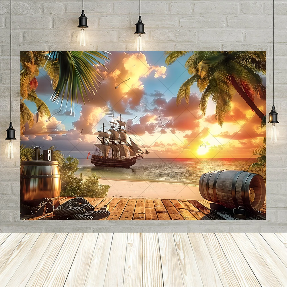 Pirate Ship Boat Photography Backdrop Treasure Maps Wood Deck Kids Birthday Party Summer Beach Holiday Custom Background