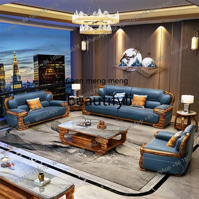 

B178 A Imported ebony wood carving flower sofa villa new Chinese modern simple first layer leather sofa