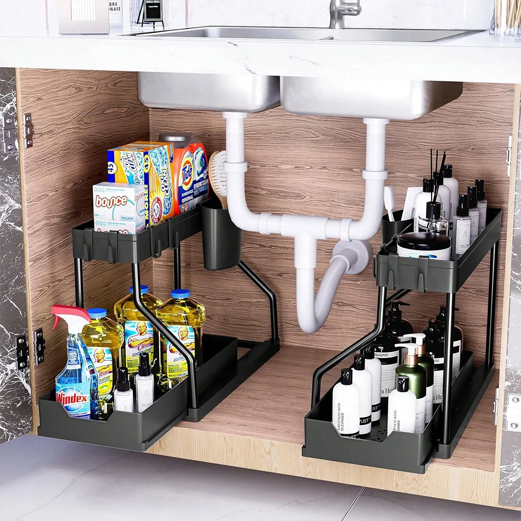 1/2Pcs  Organizer With Pull Out Shelves, Expandable 2 Tier Cabinet Storage Rack, Adjustable Bathroom Kitchen Shelf Organizer Set