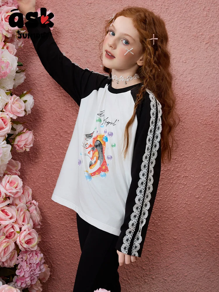 تي شيرت Ask Junior بأكمام طويلة للفتيات، قميص سفلي مضاد للبكتيريا بألوان متباينة وأكمام خشنة #1