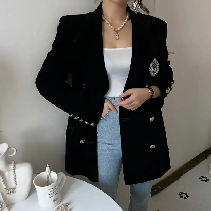 Chaqueta de Traje de Terciopelo con Letras de Diamantes de Imitación y Botones Dorados de Doble Hilera, Estilo Retro, Abrigo Casual de Negocios para Mujer