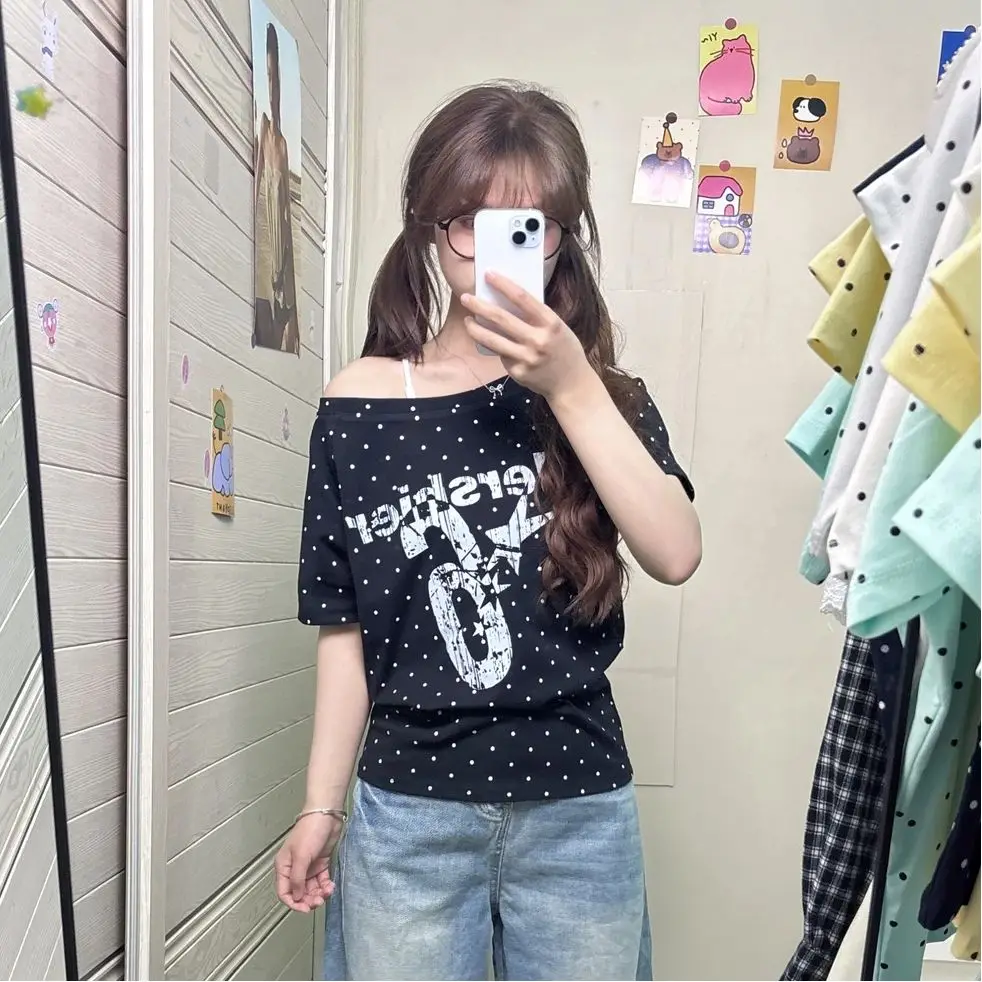 Sexy Short Sleeve Shoulder Bared T-Shirt Women's Slim Fit Summer New Style Hot Girl Lettering Casual Fashion Top Ladies' Tee