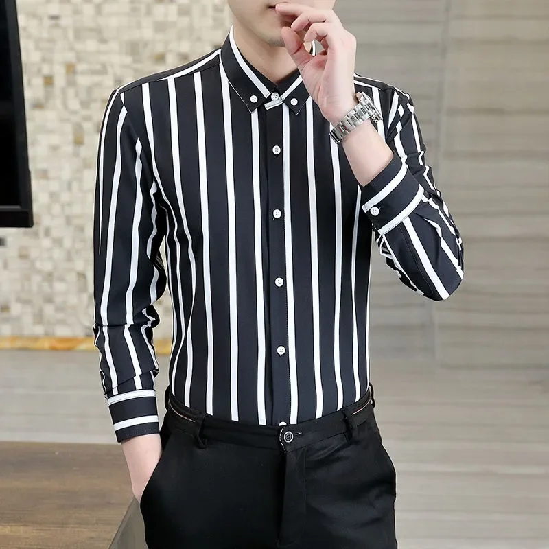 

Spring Autumn High-end Business Men's Striped Shirts Non-ironing Wrinkle-resistant Tops Casual Handsome Slim Shirt Male Clothes