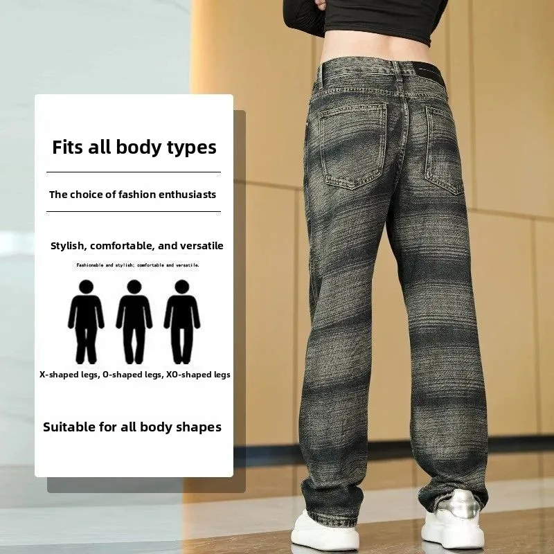 

American High Street Retro Flared Jeans Men's Spring New High Waist Heavy Embroidery Design Sense Bell Bot Straight Leg J...