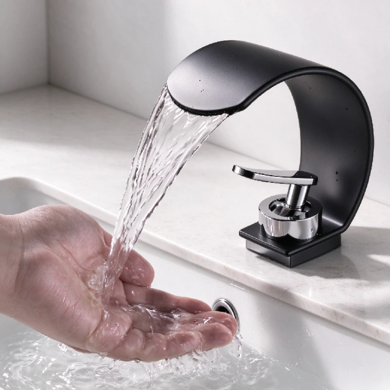 Wide-spouted basin waterfall tap, solid brass, black, hot and cold water, countertop basin tap with large spout