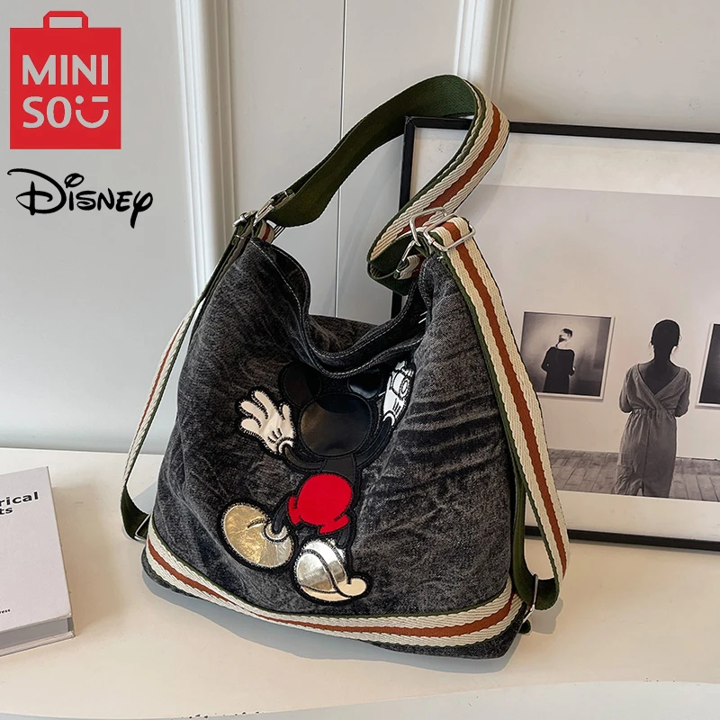 MINISO Disney Cartoon Mickey Large Capacity Cowboy Bag Women's Shoulder Bag Adjustable Wide Shoulder Strap Crossbody Bucket Bag