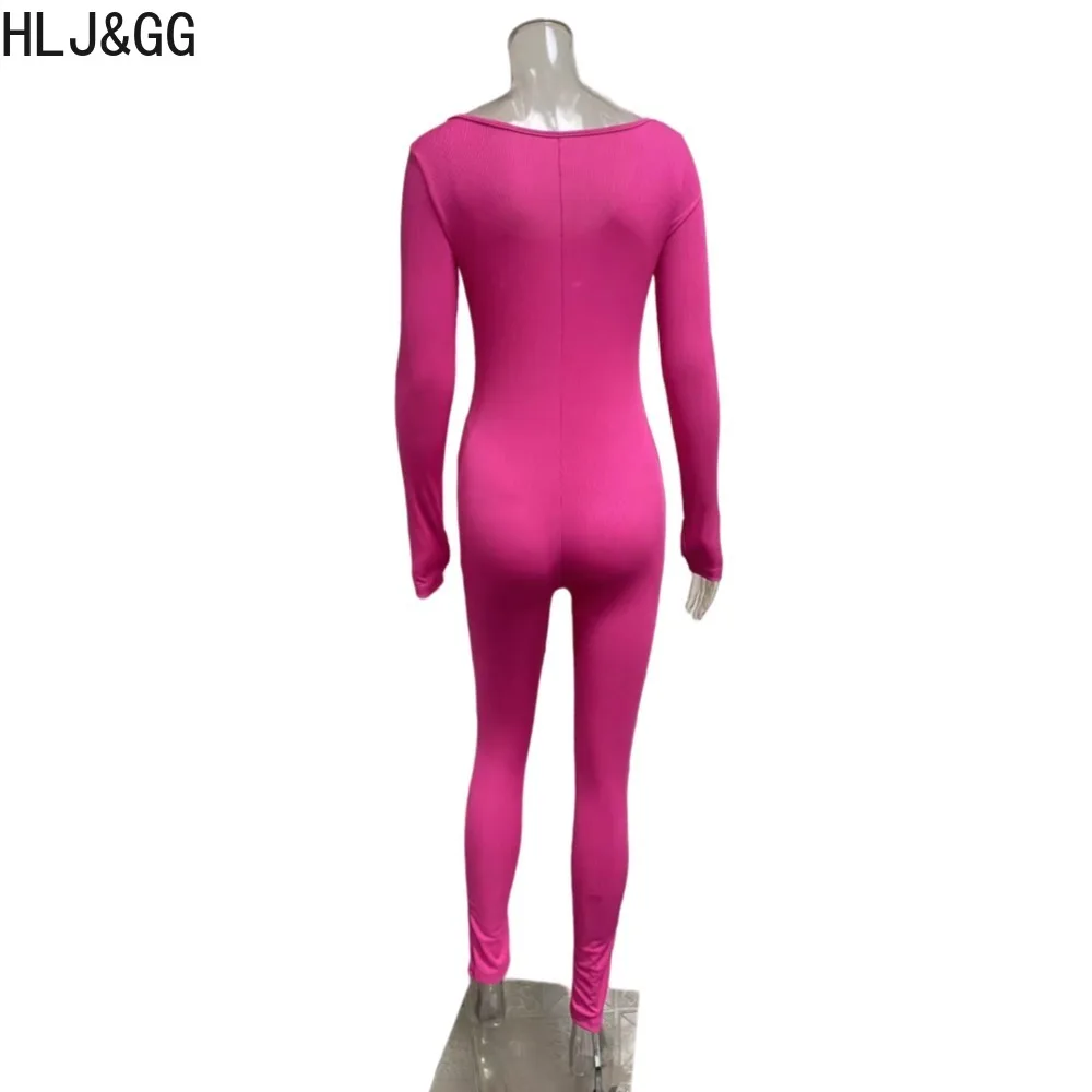 HLJ&GG Spirng New Solid Color Ribber Bodycon Jumpsuits Women Square Neck Long Sleeve Slim Playsuits Casual Female Sporty Overall