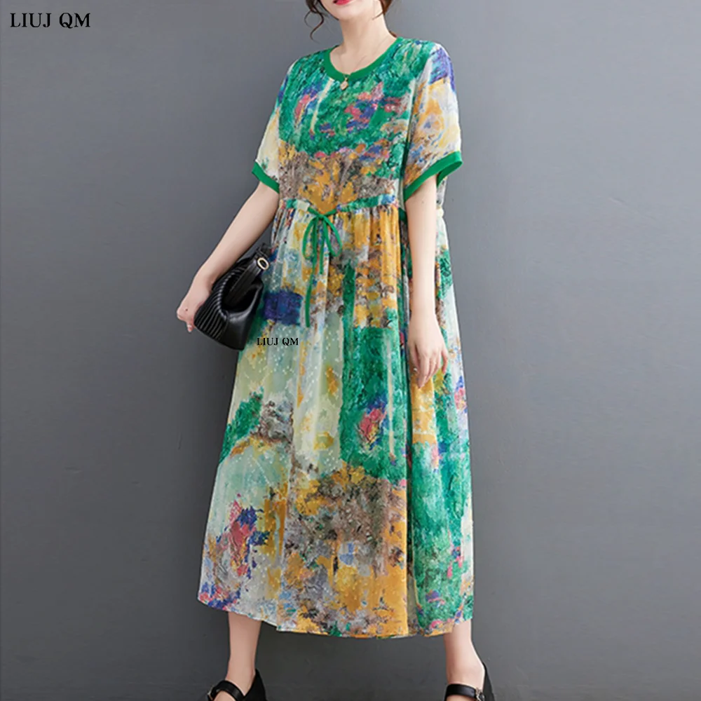 2023 plus size verão vestidos de impressão para as mulheres manga curta solta casual vintage vestido moda elegante roupas de verão