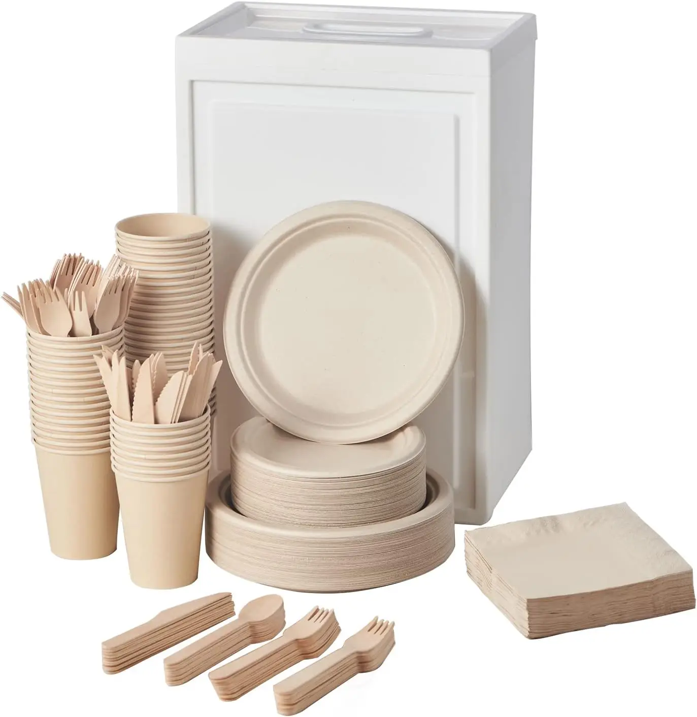 

350Pcs Biodegradable Dinnerware Set - Disposable Dinner Plates, Wooden Cutlery, Napkins - Plant-Based Material, Microwave
