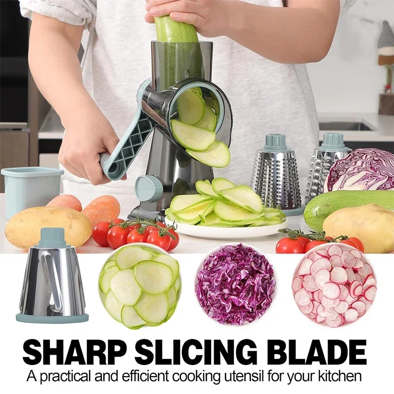3-In-1 Rotary Cheese Grater Multifunctional Manual Veg Slicer Nuts Grinder Kitchen Slicing and Shredding Essential Tools