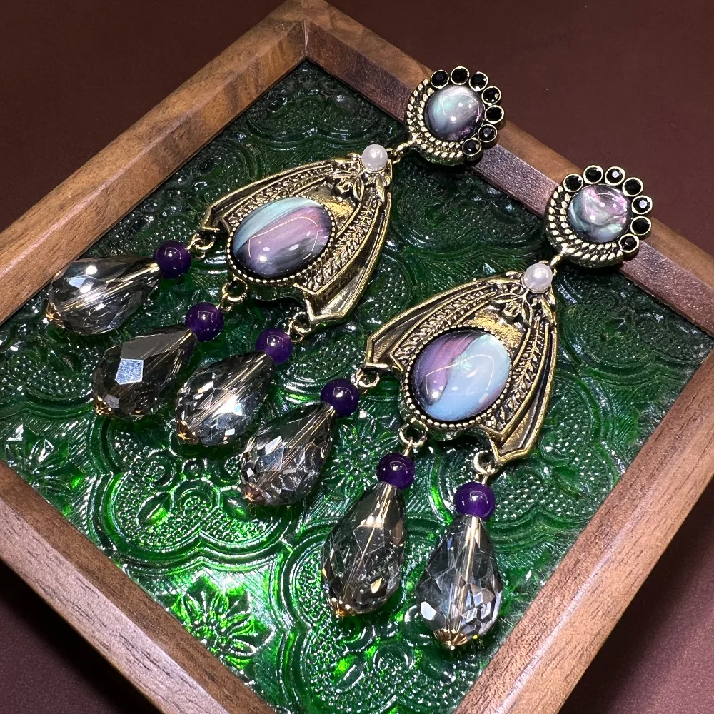 Retro court style fringed water drop earrings vintage colorful old plated real gold European and American exaggerated medieval s