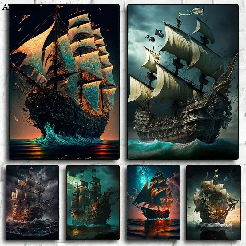 Abstract Pirate Ship Sea Moon Night Poster Print Canvas Painting Wall Art Picture For Living Room home Decoration Cuadros