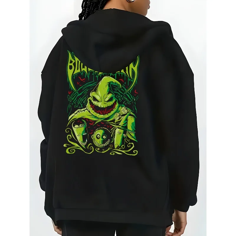 เสื้อฮู้ดมีซิปพิมพ์ลายดิสนีย์ The Nightmare Before Christmas สำหรับผู้หญิง มีกระเป๋าและซิป เหมาะสำหรับฤดูใบไม้ร่วงและฤดูหนาว
