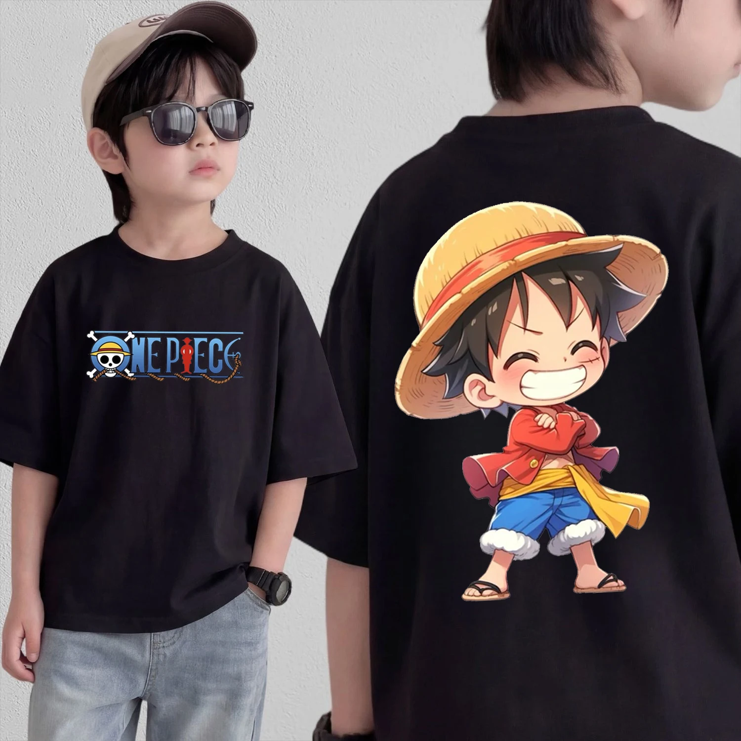 Anime One Piece Cosplay T-Shirt Cotton Short Sleeve Tops Casual Loose Retro T-Shirt Men Women Kids Family Matching Outfits view 5