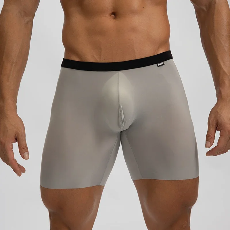 Boxer de seda gelo sem costura masculina, roupa interior sexy masculina, bolsa de bojo em U, cueca de perna longa, calcinha esportiva cintura média