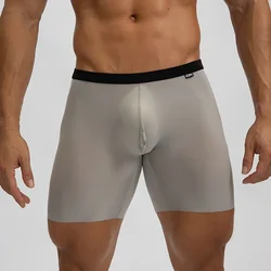 Mens Ice Silk Boxer Shorts Seamless Underwear Male Sexy U Bulge Pouch Long Leg Underpants Sports Panties Mid Waist Thin Pants