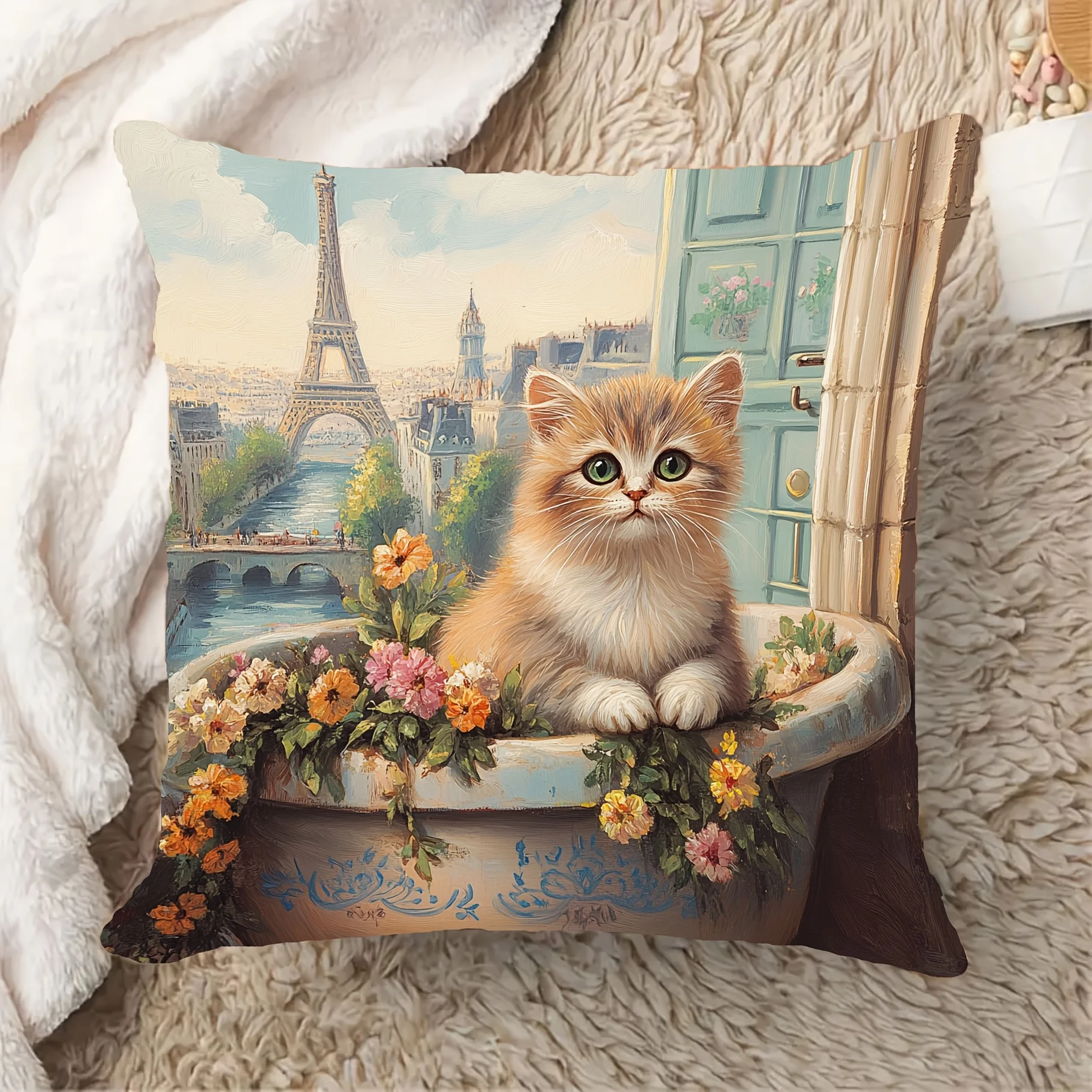 Cute Kitten Paris Eiffel Tower Cushion Pillow Throw for Sofa Home Decor Gift