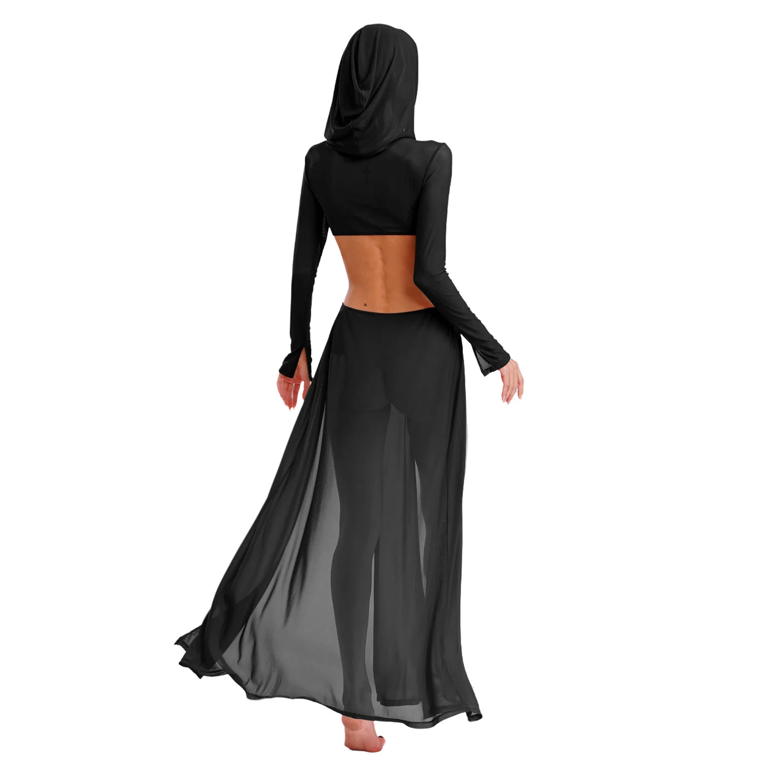 Vrouwen pure jurk met capuchon gezichtsmasker maxi hoge split sexy mesh jurk lange mouwen uitgehold pure jurk cover-up badmode