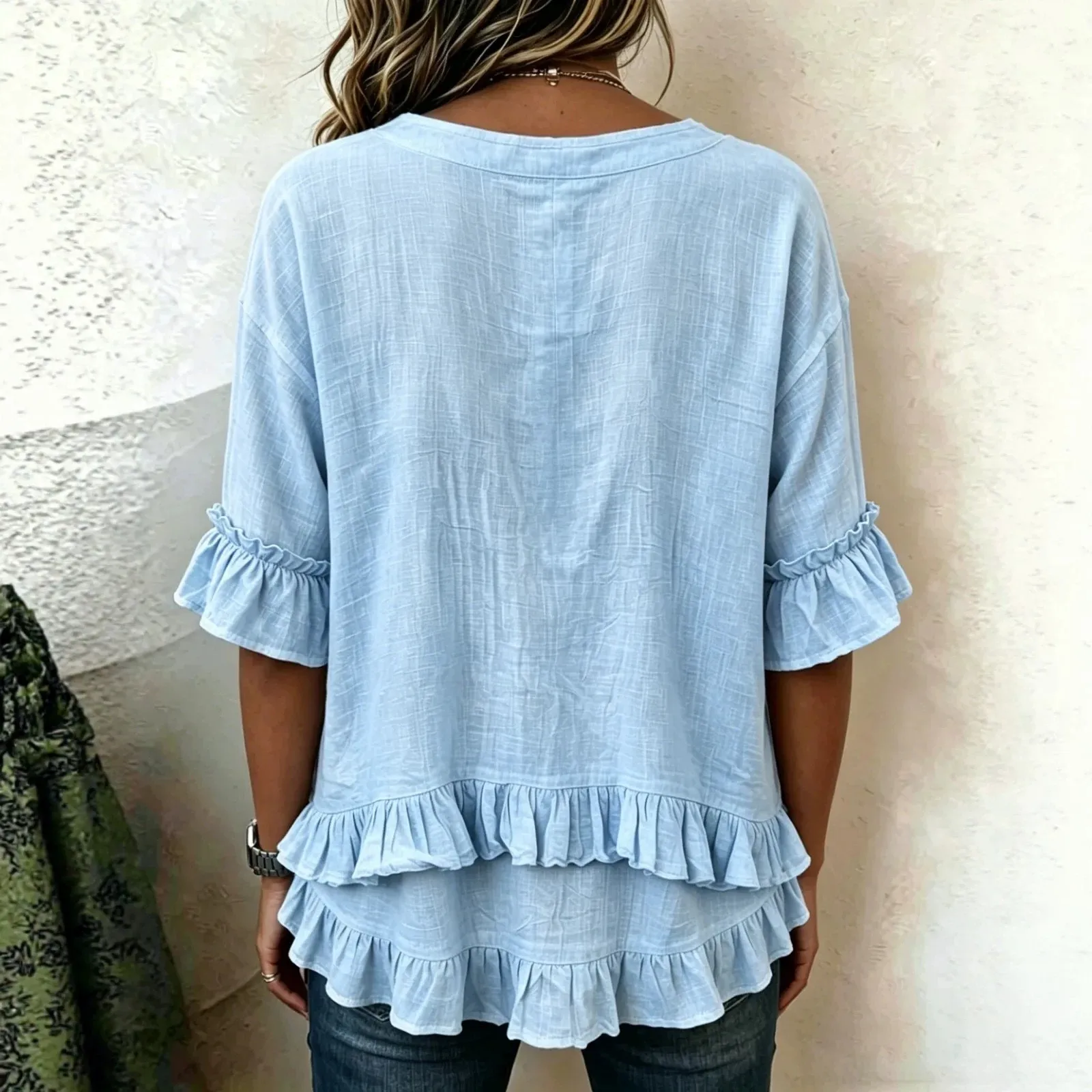 Women's Blouse Light Blue Ruffle Trim V Neck Blouses Pink Flutter Sleeve Cap Sleeve Top Cream White Loose Fit Solid Color Shirt